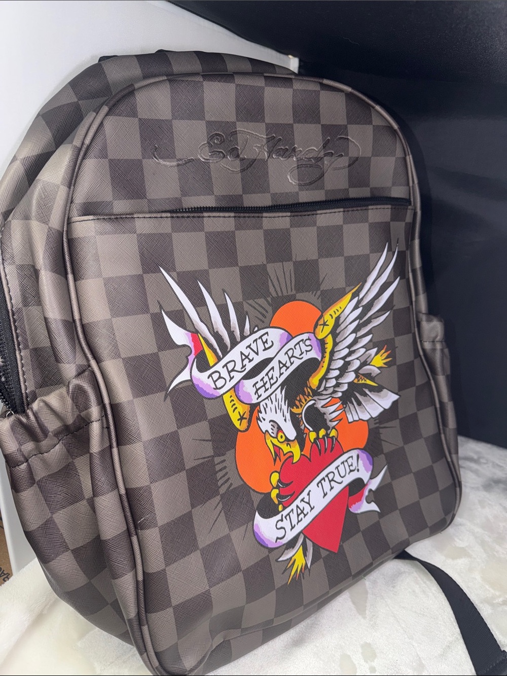 NWT Ed Hardy Brown Checkered Backpack with Colorful Eagle Heart Graphic
